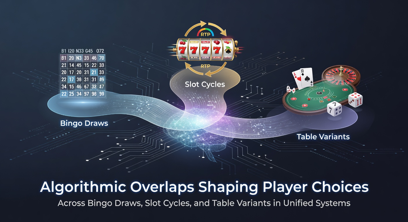 Diagram showing interconnected algorithmic systems across bingo, slots, and table games in a unified casino platform