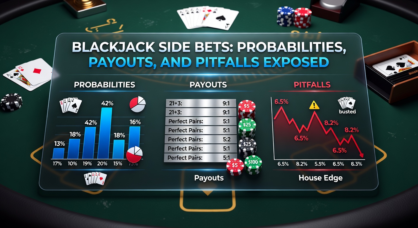 Blackjack table featuring side bet options like Perfect Pairs and 21+3, with chips stacked nearby