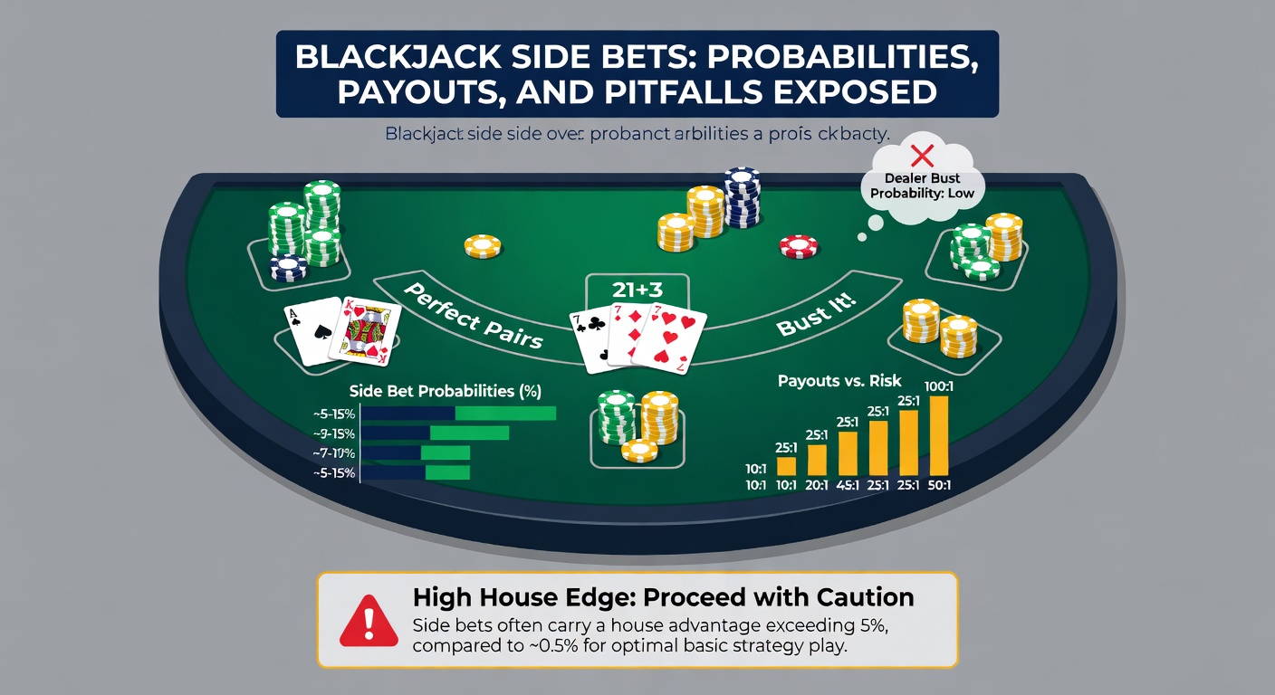 Close-up of blackjack side bet payout chart showing high multipliers for rare combinations amid a lively casino atmosphere