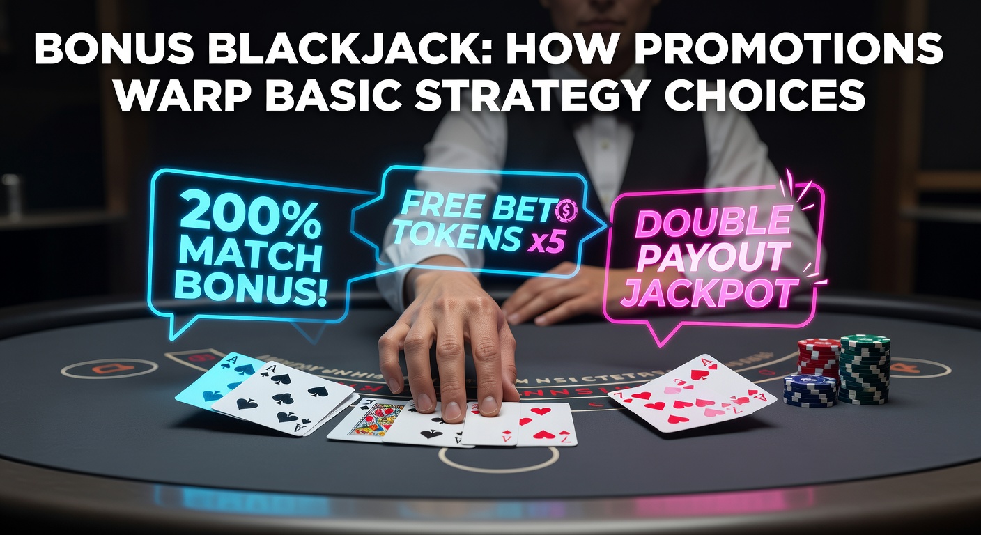 Digital rendering of a blackjack table featuring bonus promotions overlaid on cards and chips, highlighting strategic deviations