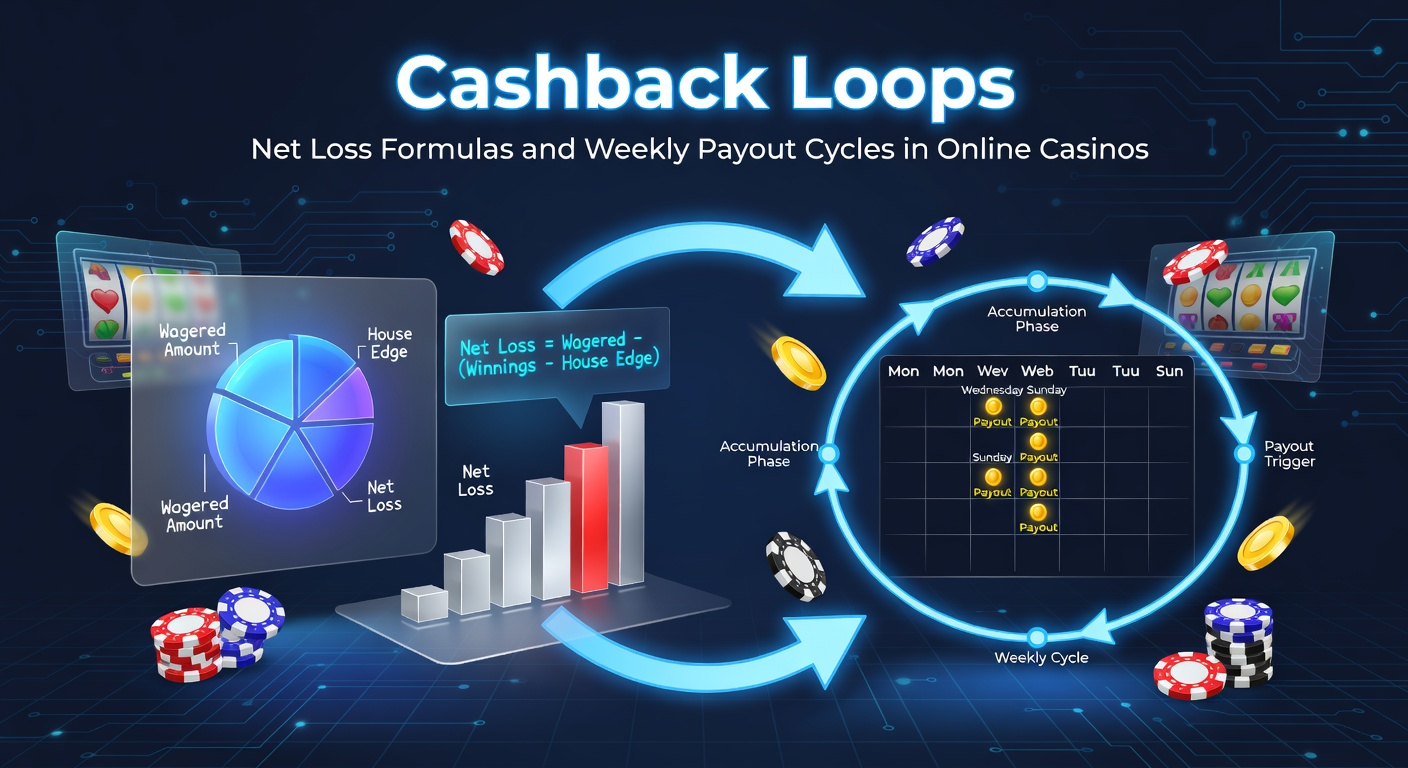 Digital graphic showing a looping arrow around casino chips and cashback icons, illustrating the cycle of net losses and rebates in online gaming platforms