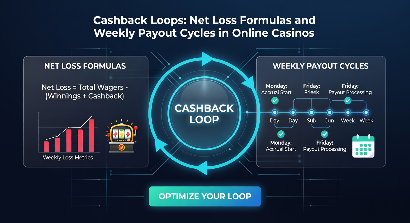 Screenshot of an online casino dashboard displaying weekly net loss stats, cashback calculation, and payout pending status with charts and figures