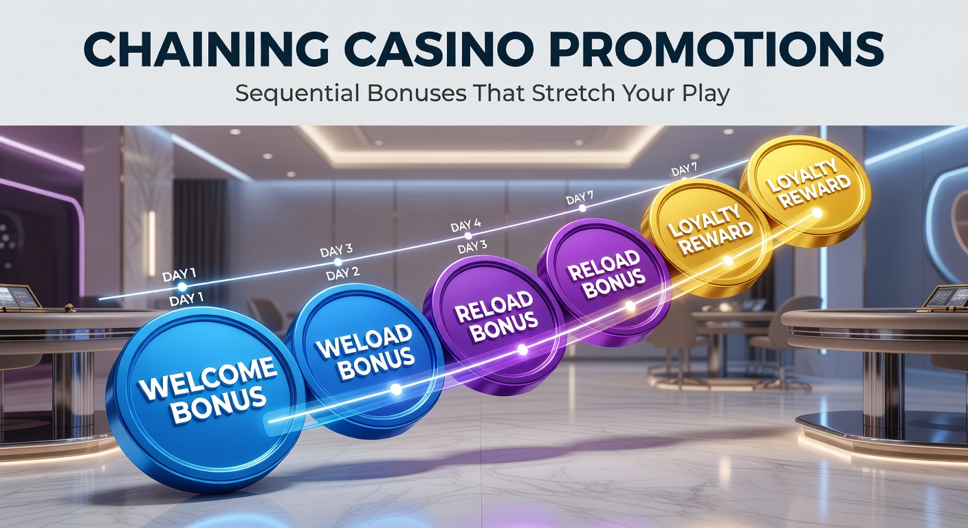 Casino player reviewing sequential bonus offers on a laptop screen, highlighting extended playtime through chained promotions