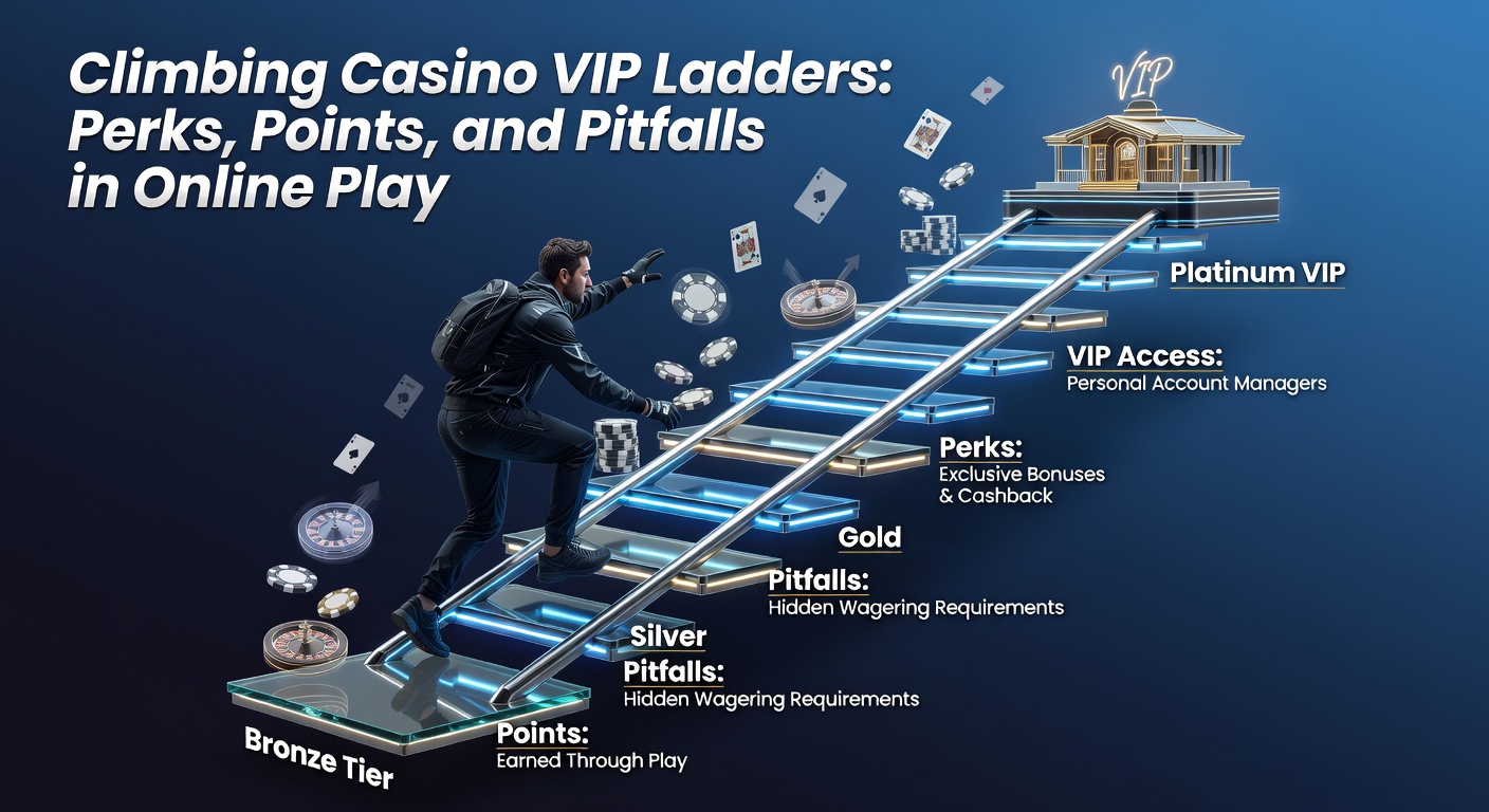 Graphic illustration of a golden ladder leading to VIP casino tiers with perks like cashback and exclusive bonuses cascading down