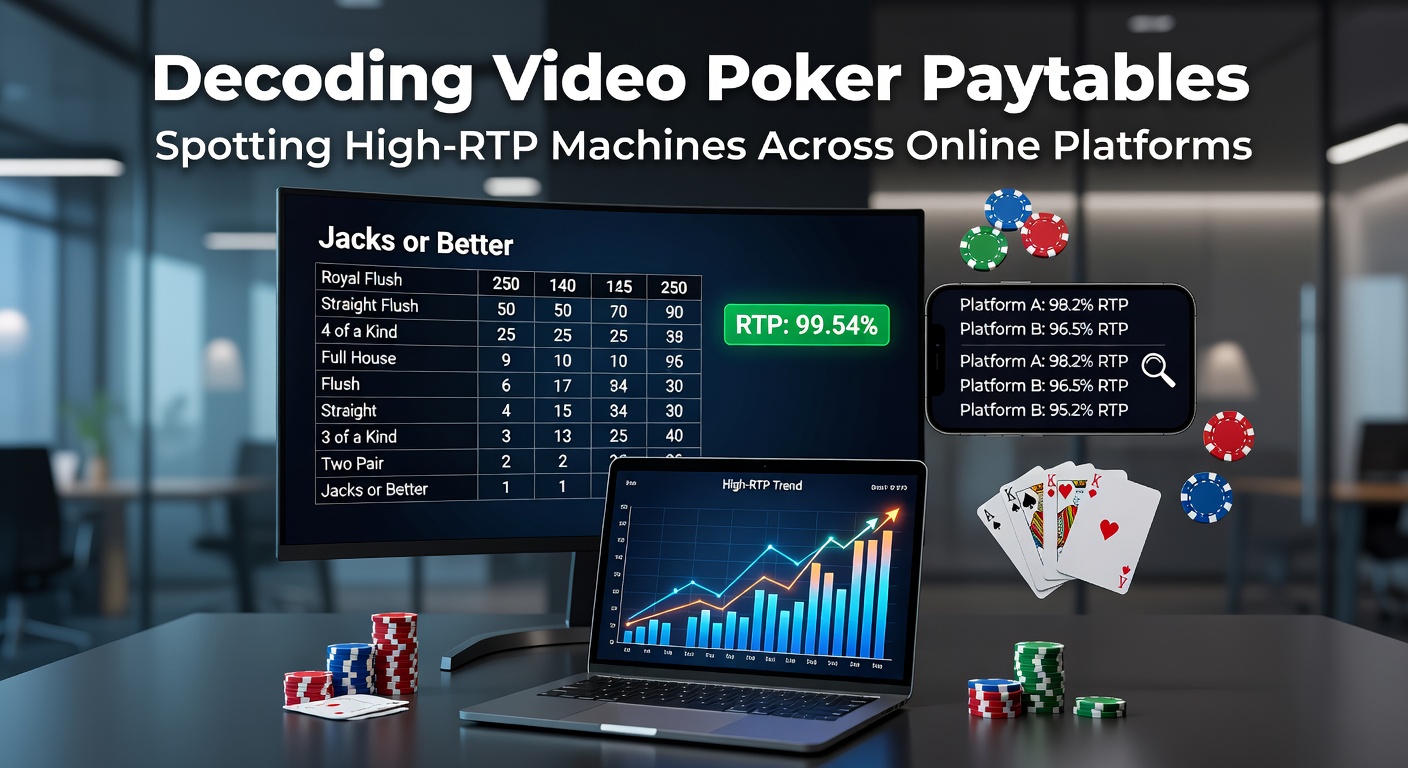 Close-up of a video poker screen displaying a detailed paytable with payout rows for various hands, highlighting high-RTP variants like 9/6 Jacks or Better