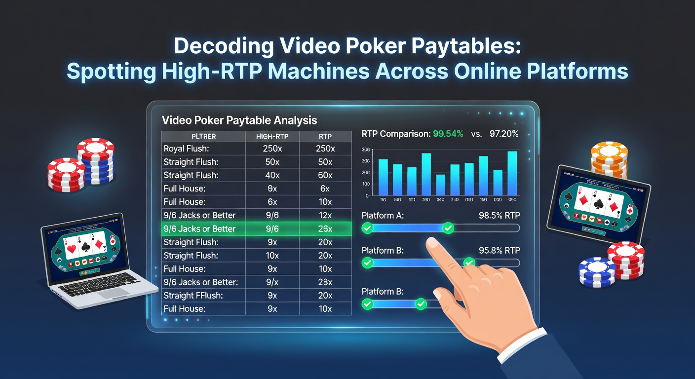 Screenshot of an online casino lobby showing multiple video poker games with RTP percentages listed beside paytable previews, including high-return options like full-pay Deuces Wild