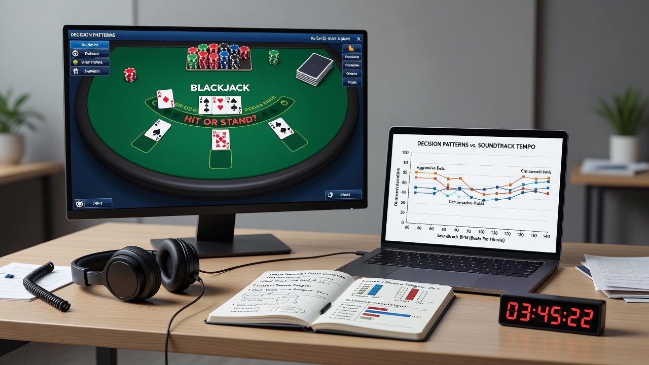Player monitoring setup showing audio equipment alongside blackjack screen during long session