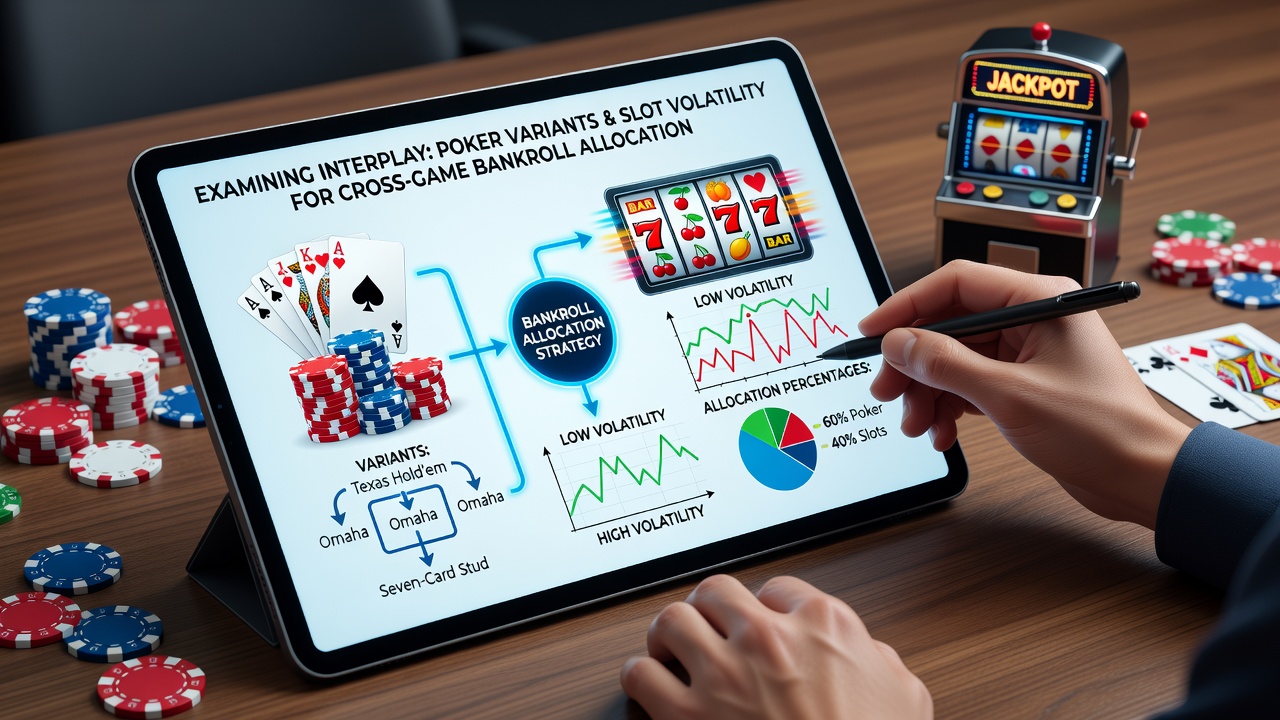 Diagram showing bankroll allocation strategies across poker variants and slot games with volatility indicators