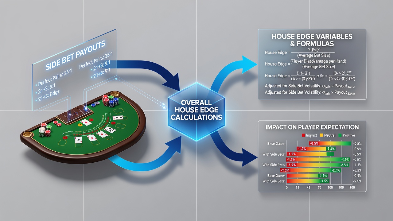 Mathematical breakdown charts displaying payout ratios and house edge percentages for various blackjack side bets in multi-deck environments