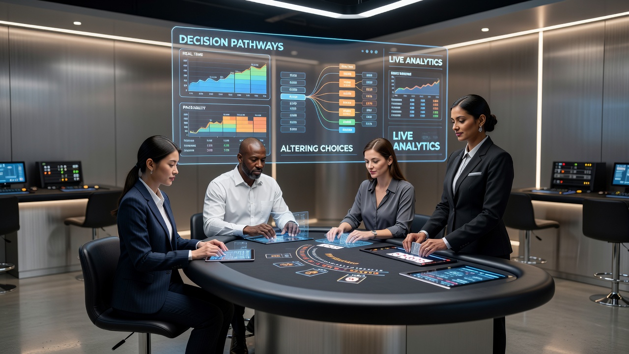 Live dealer blackjack table with modern interface overlays showing real-time statistics and player options on a digital screen
