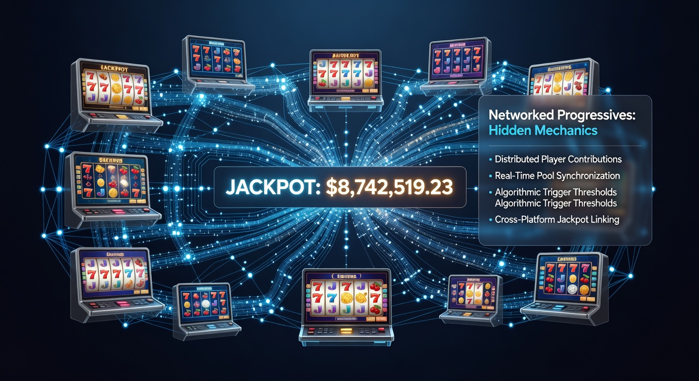 Vibrant online slot screen displaying a networked progressive jackpot counter ticking upward amid flashing reels and bonus symbols
