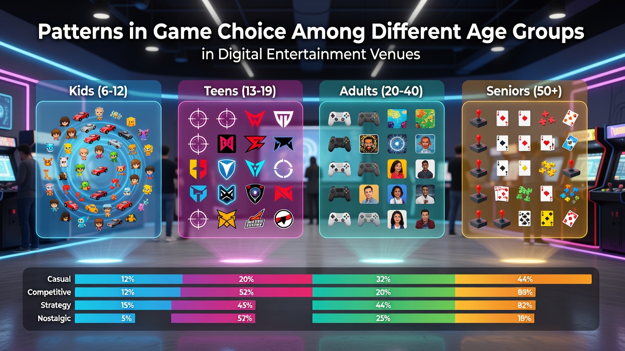 Visual representation of diverse age groups engaging with various digital games on screens and devices in entertainment venues