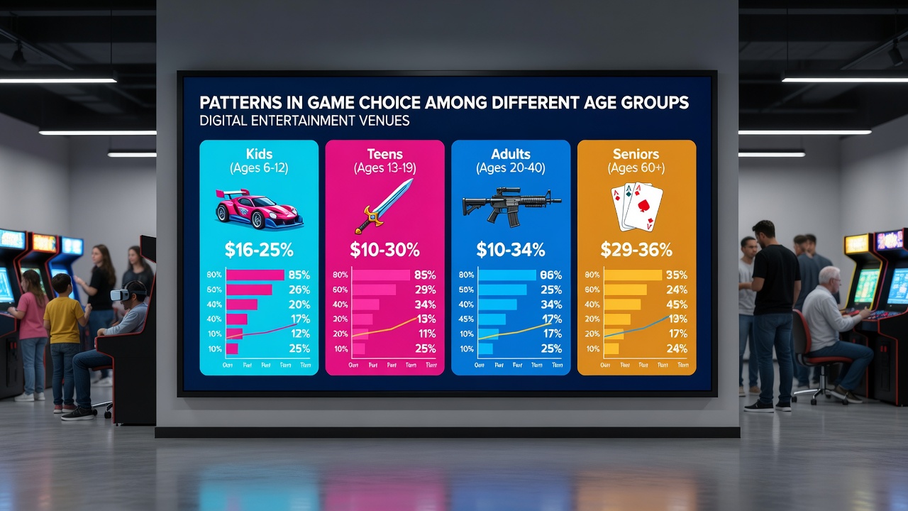 Infographic style chart displaying age group distributions across different game categories in digital venues