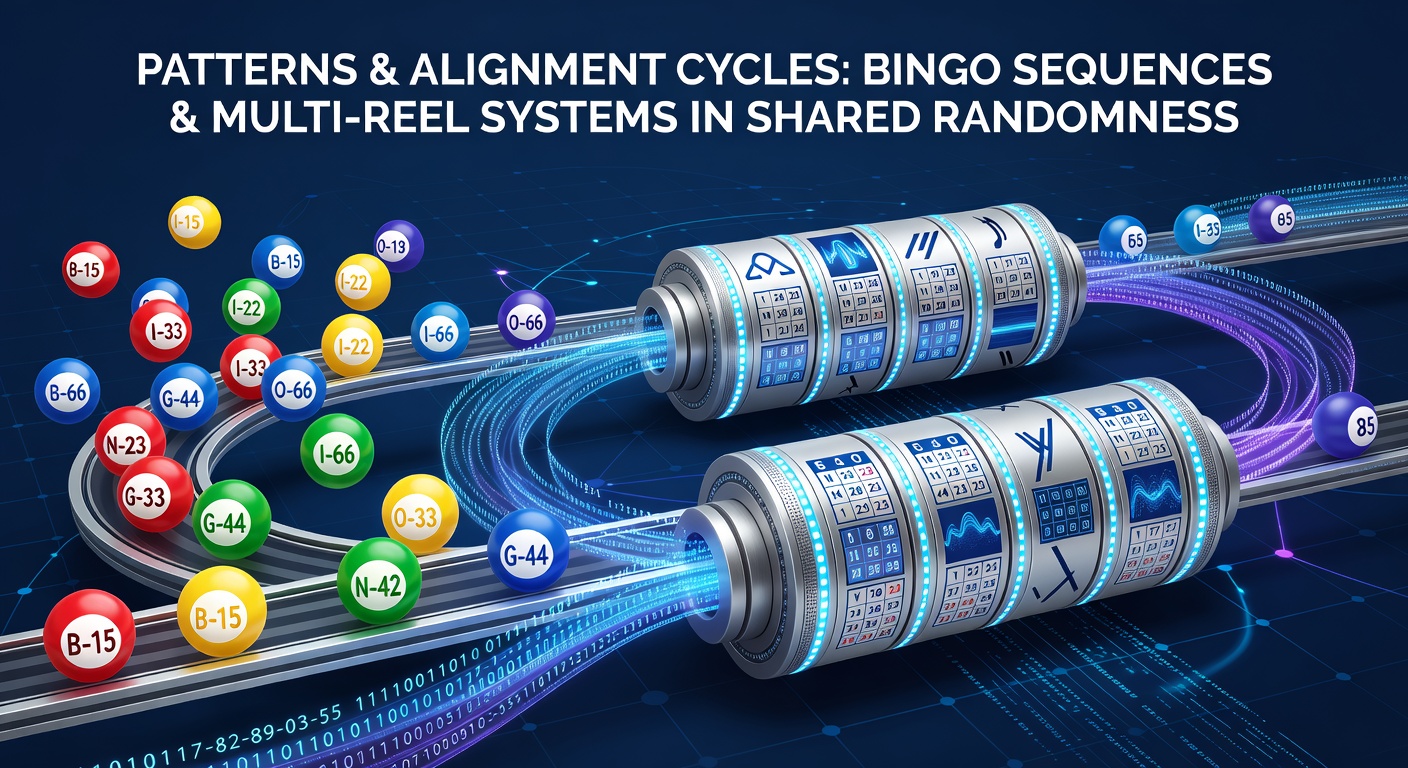 Diagram illustrating bingo draw sequences interacting with multi-reel slot alignments in a shared random number generator framework