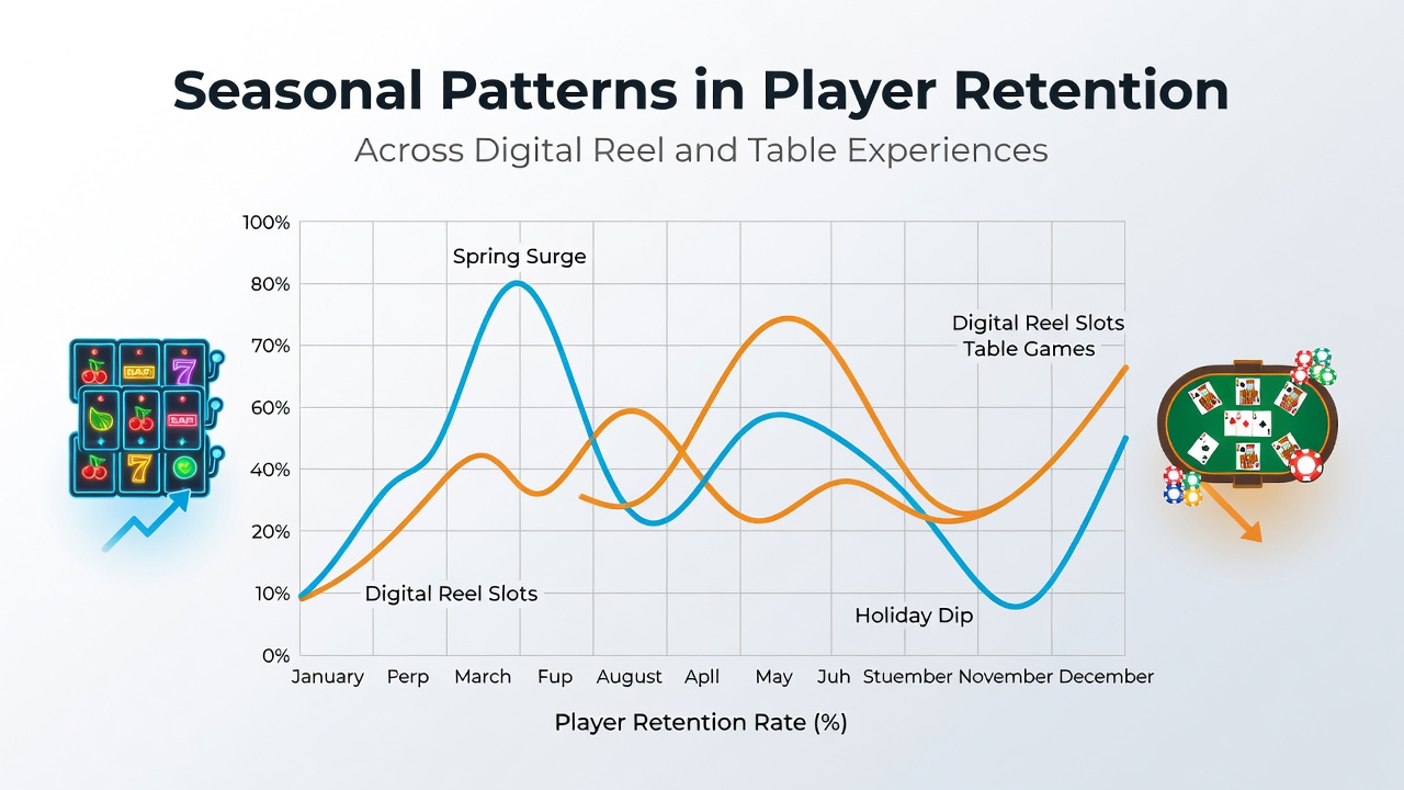 Graph showing seasonal player retention trends for online slots and table games across multiple regions