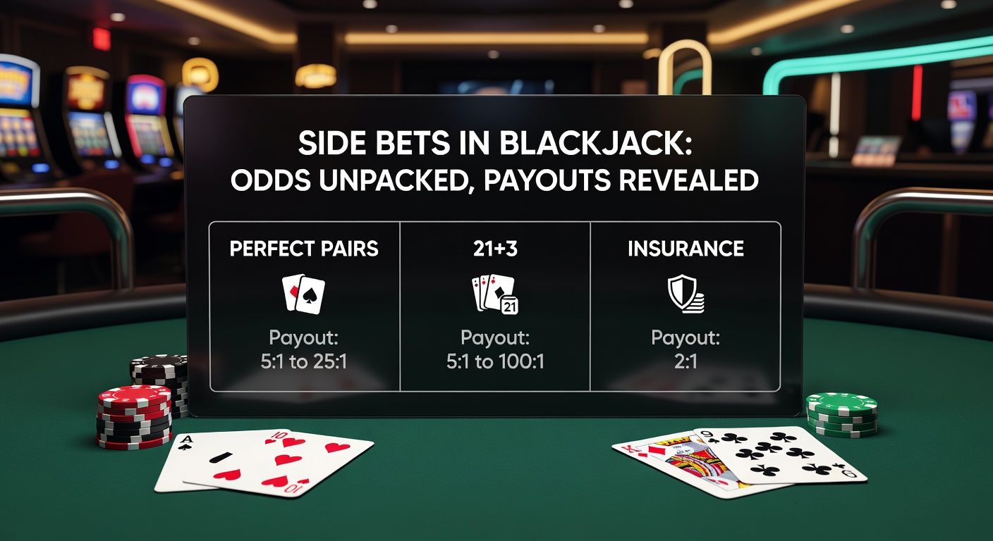 Close-up of a blackjack table layout featuring various side bet circles like Perfect Pairs and 21+3, chips stacked nearby under casino lights