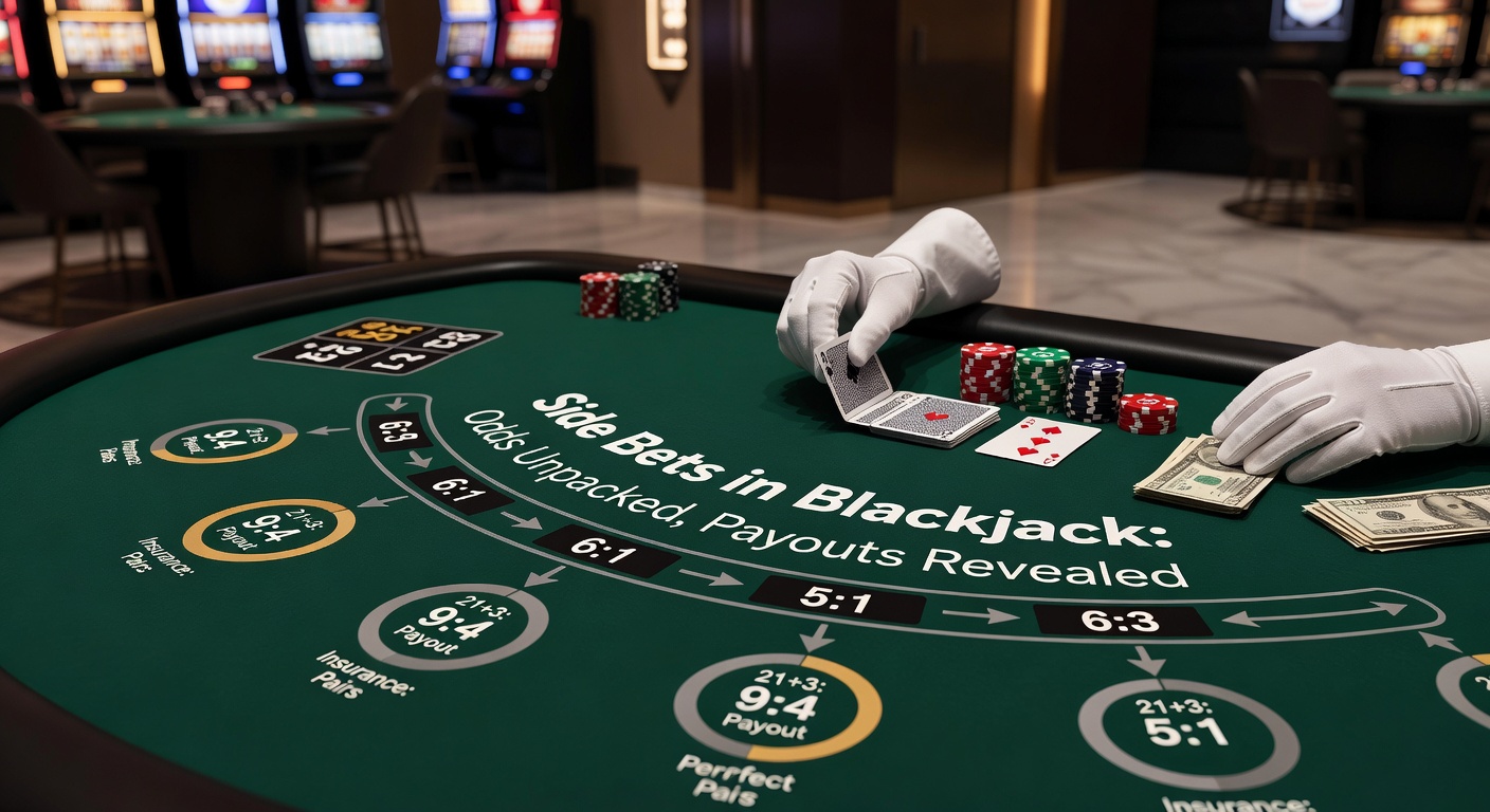 Infographic chart comparing house edges of popular blackjack side bets versus main game, with payout icons and percentage bars