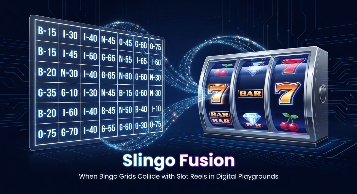 Vibrant Slingo Fusion game screen showing a 5x5 bingo grid overlaid with colorful slot reels and glowing multiplier symbols