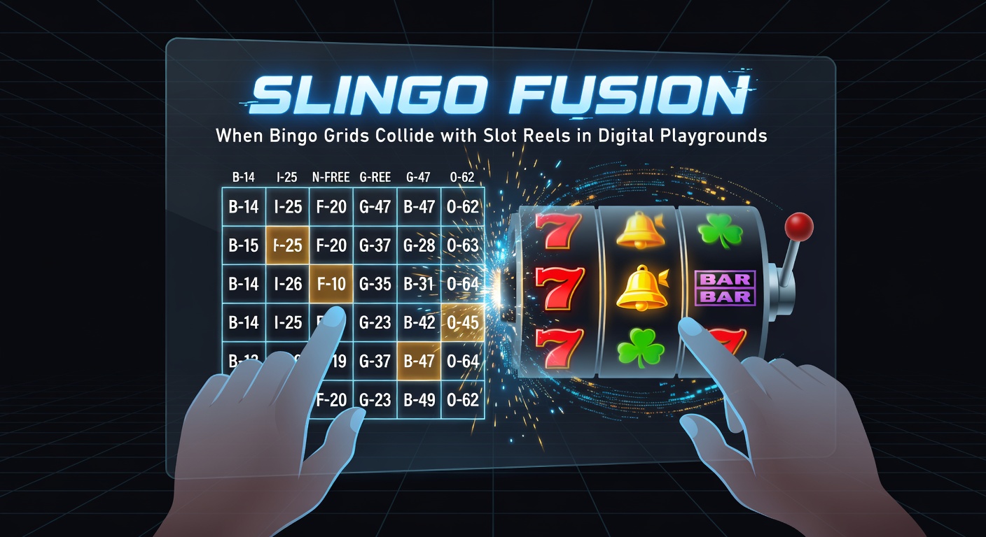 Close-up of a Slingo Fusion bonus wheel in action, with slot reels cascading symbols onto a glowing bingo grid amid exploding wilds and multipliers