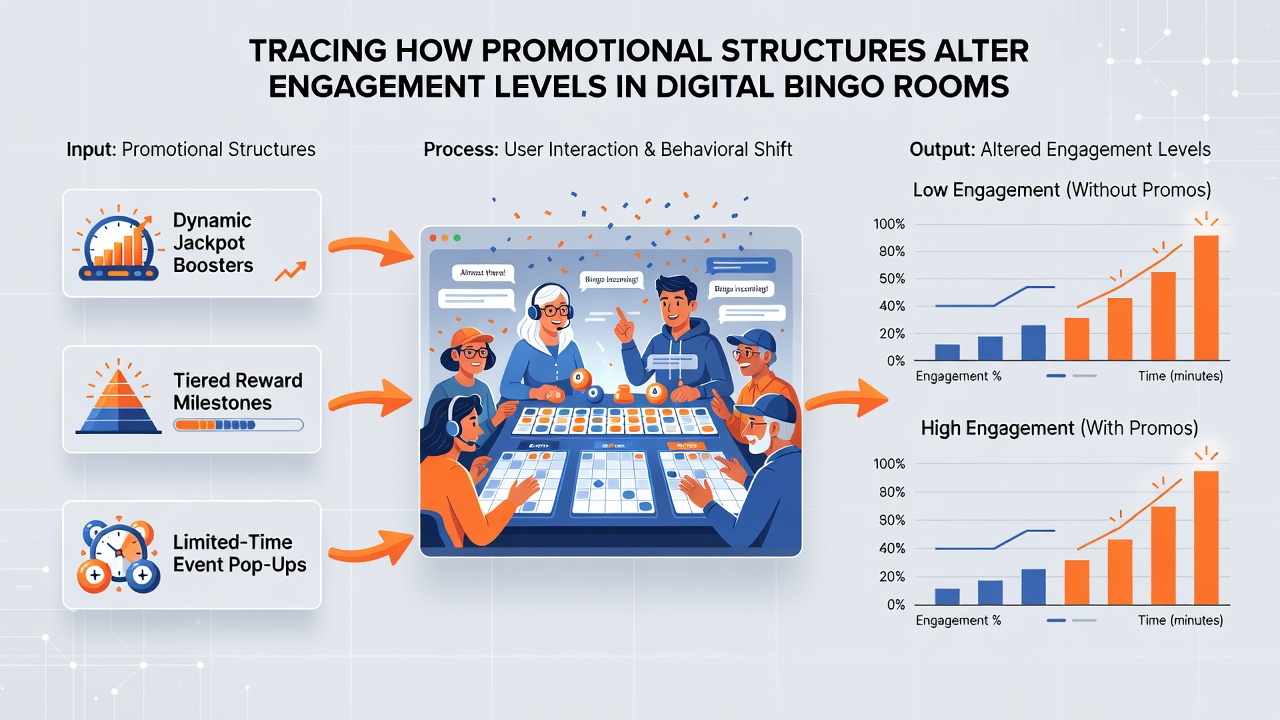 Analytics dashboard illustrating engagement metrics and promotional performance in online bingo rooms