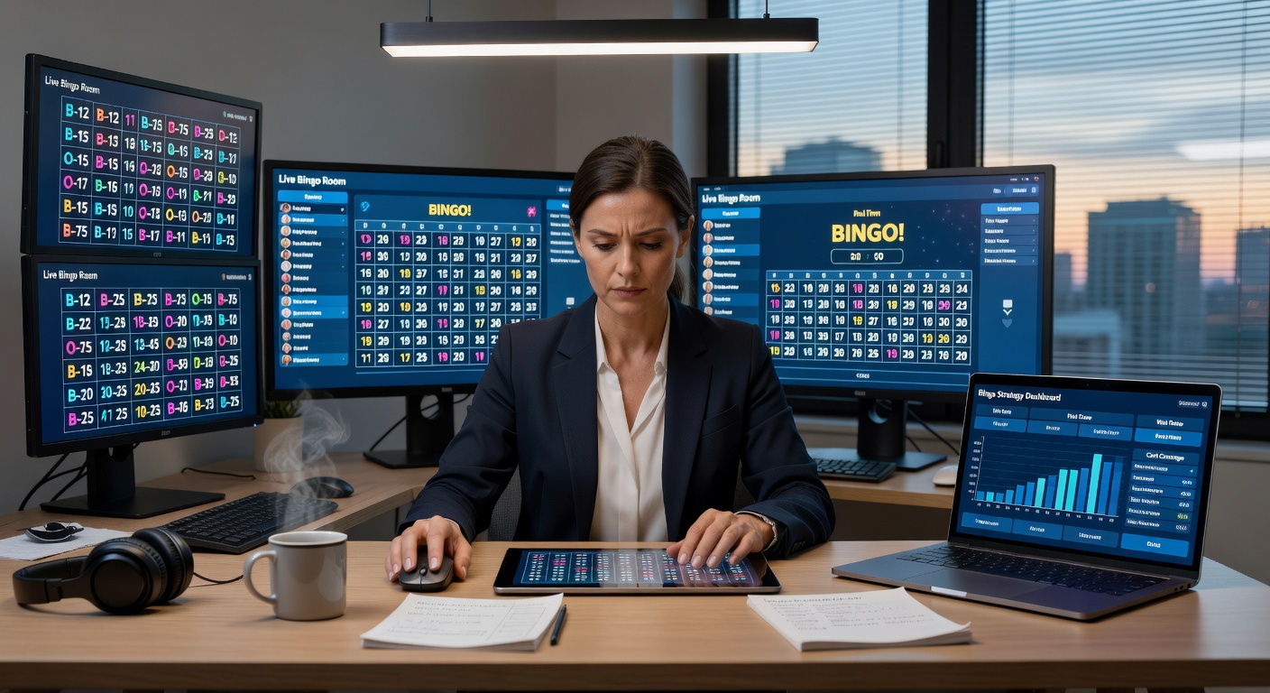 A top bingo player surrounded by multiple screens displaying dozens of active bingo cards during an intense online session, highlighting the organized chaos of multi-card play