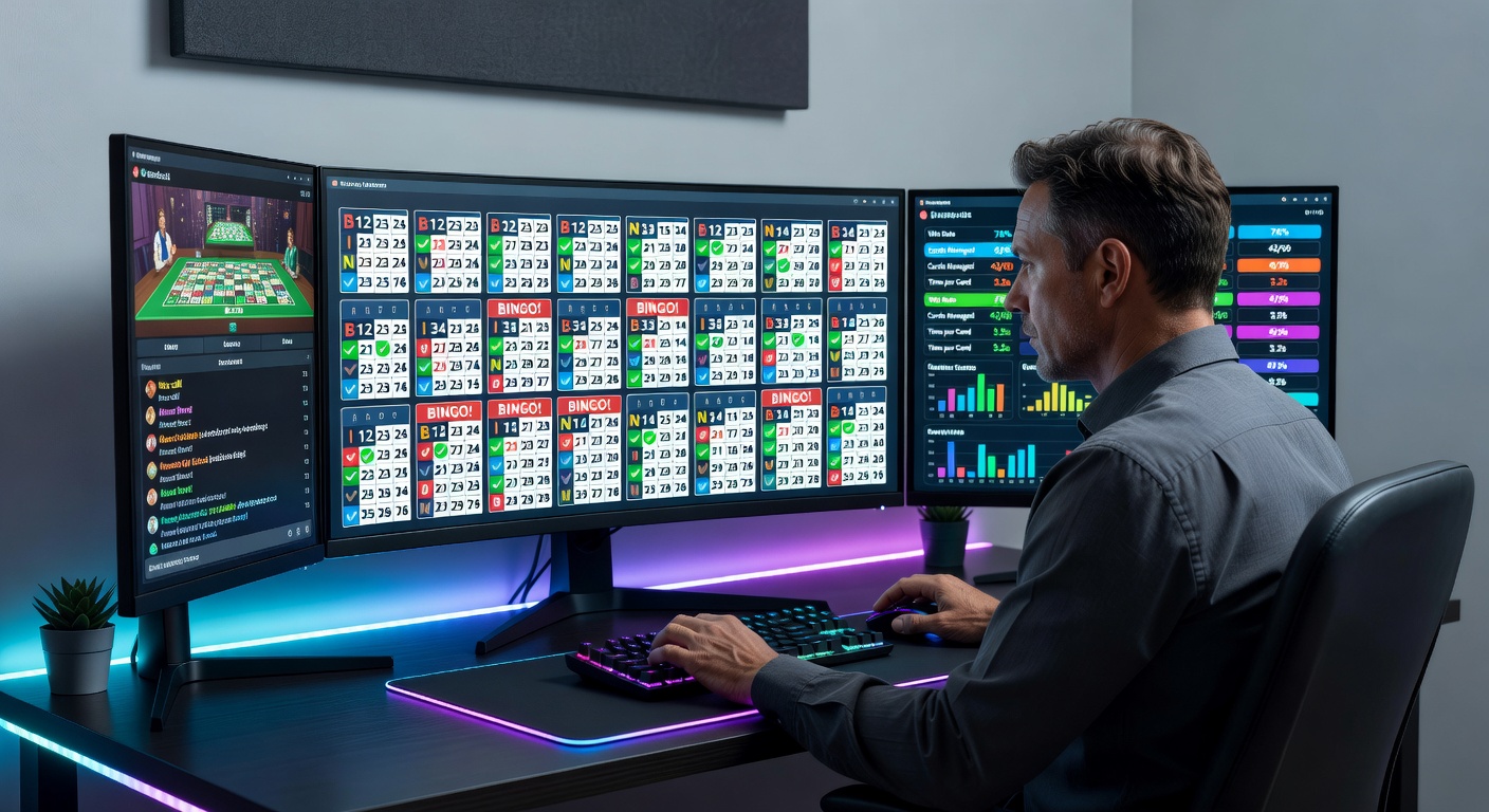 Close-up of a bingo interface with overlaid analytics showing win probabilities and pattern progress on multiple cards, demonstrating software-assisted management