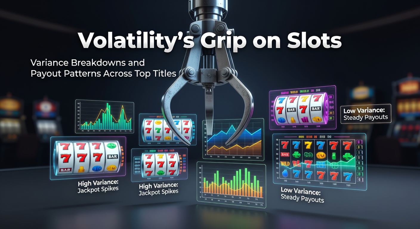 Colorful slot machine reels spinning with high-volatility symbols like wilds and scatters lighting up the screen, illustrating the thrill of big-win potential